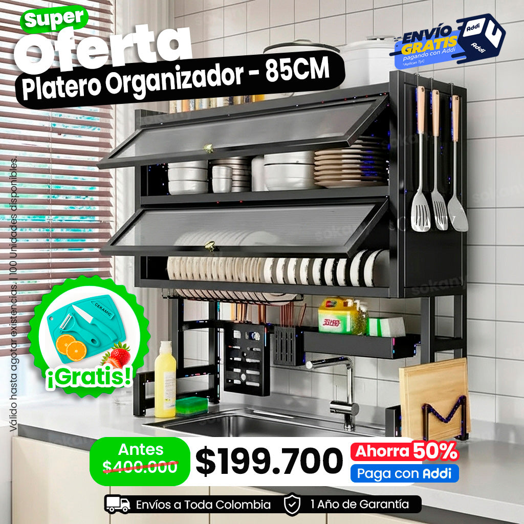 🌟 Platero Organizador 5 en 1 con Tapa – 2 Niveles en Acero Inoxidable Color Negro | Sokany®