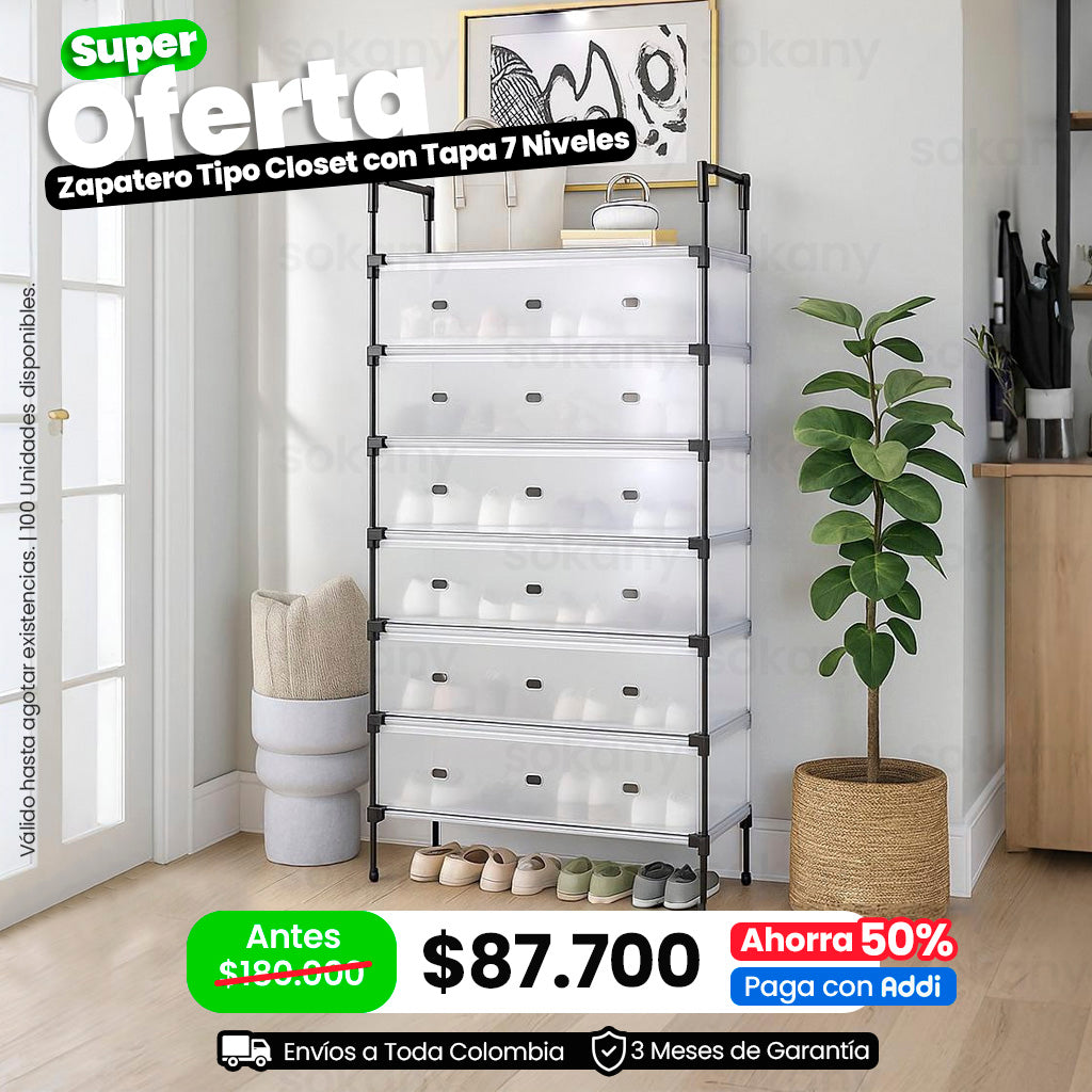 Zapatero Tipo Clóset con Tapa Antipolvo de 7 Niveles