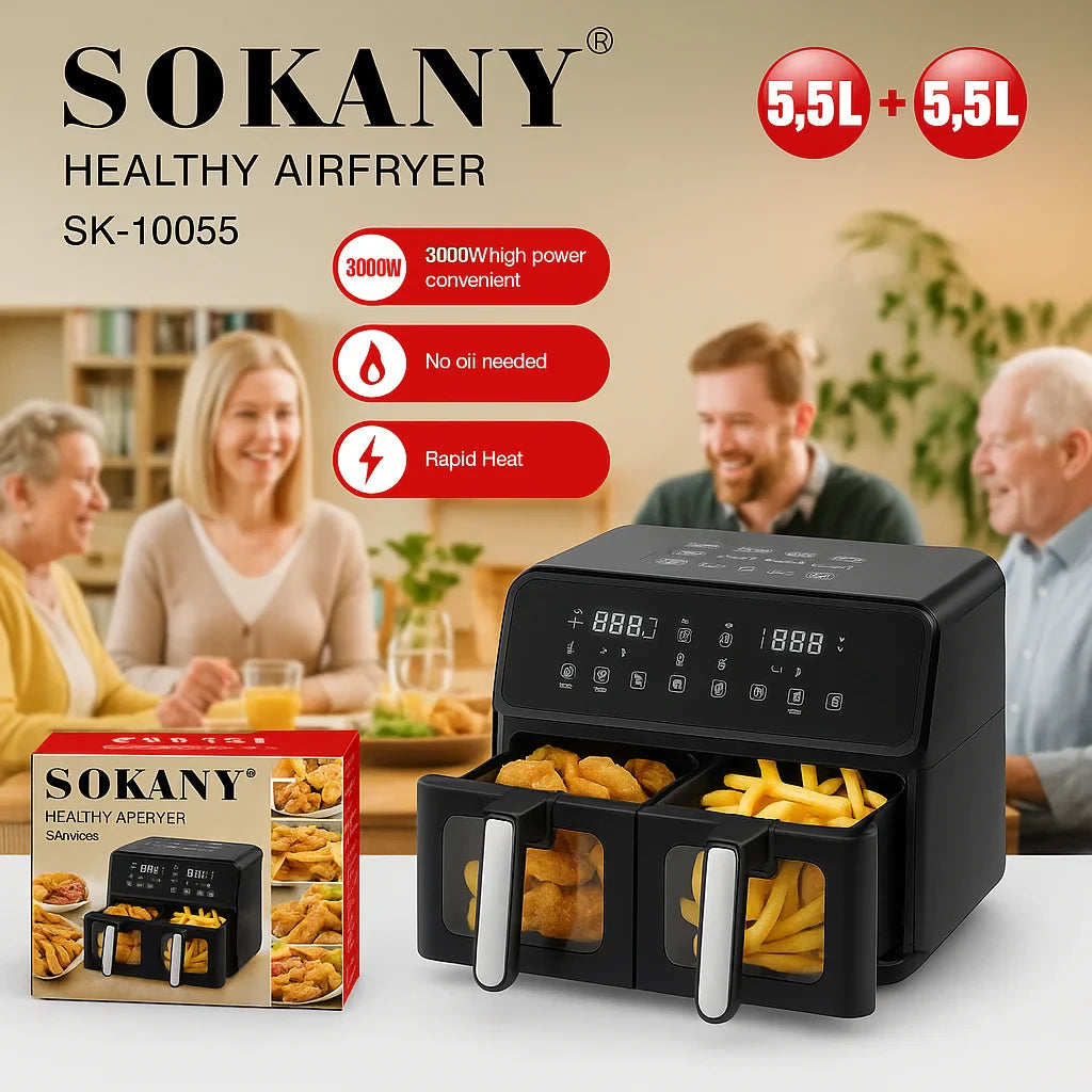 Sokany® Freidora de Aire Dual, con Recubrimiento Antiadherente, 2 Canastas, Capacidad 11 Lt, Negro