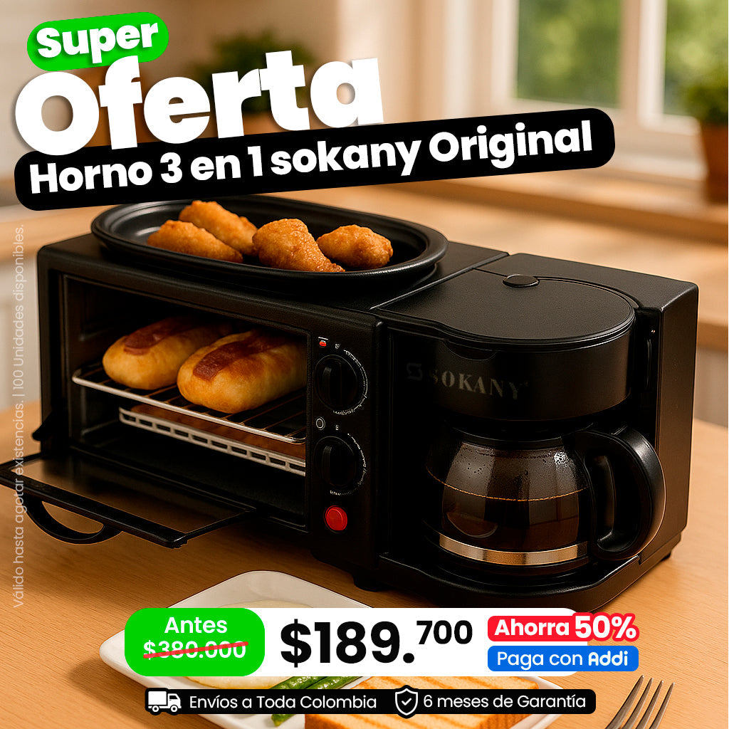 Horno 3 en 1 multifuncional Sokany - Horno Parrilla y Cafetera