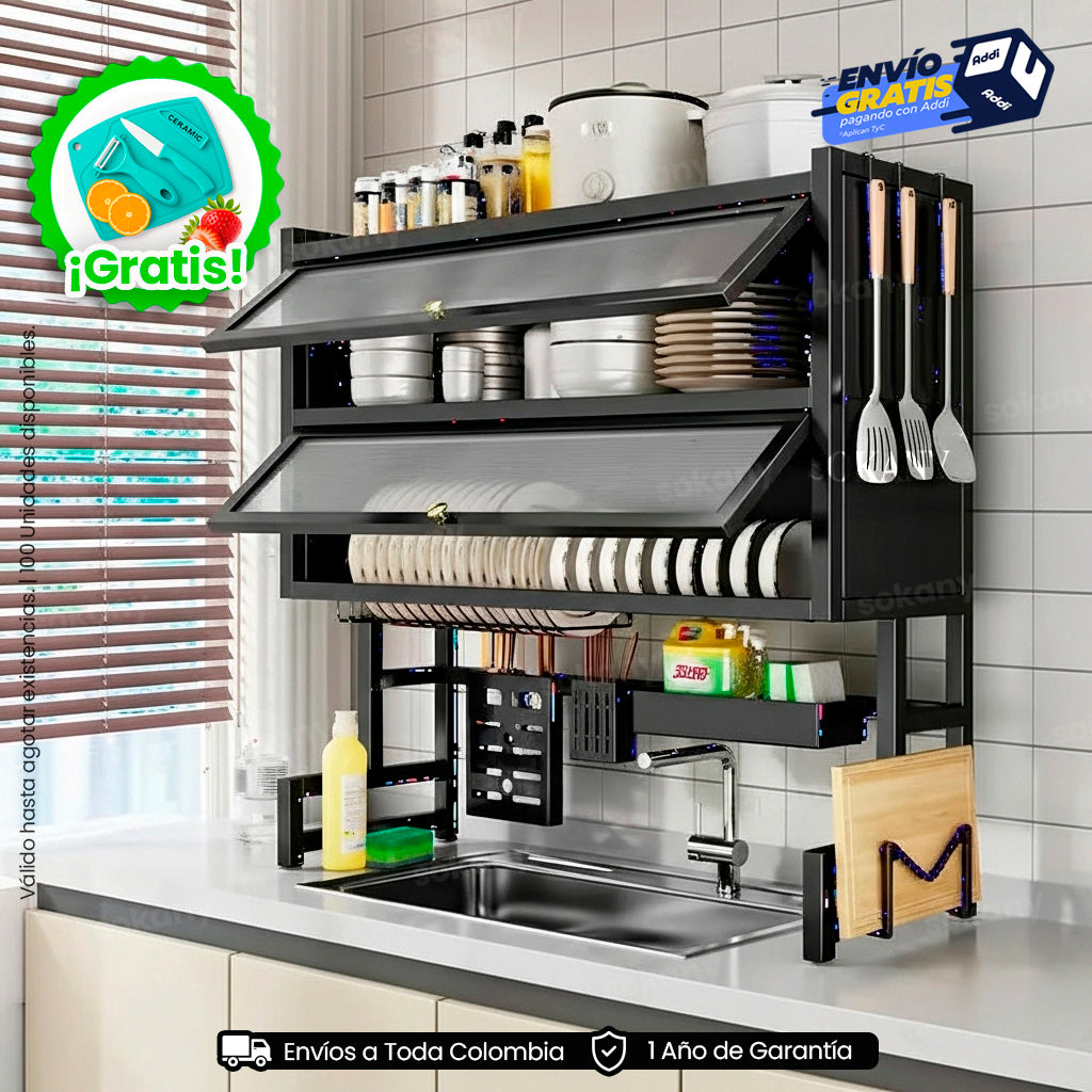 🌟 Platero Organizador 5 en 1 con Tapa – 2 Niveles en Acero Inoxidable Color Negro | Sokany®