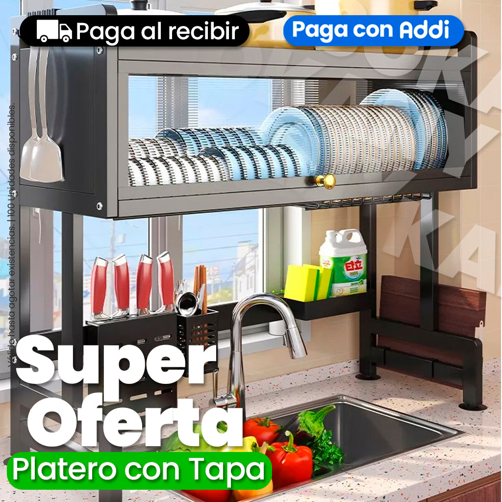 Organizador Escurridor de Platos con Tapa de 65 cm Acero Inoxidable Negro